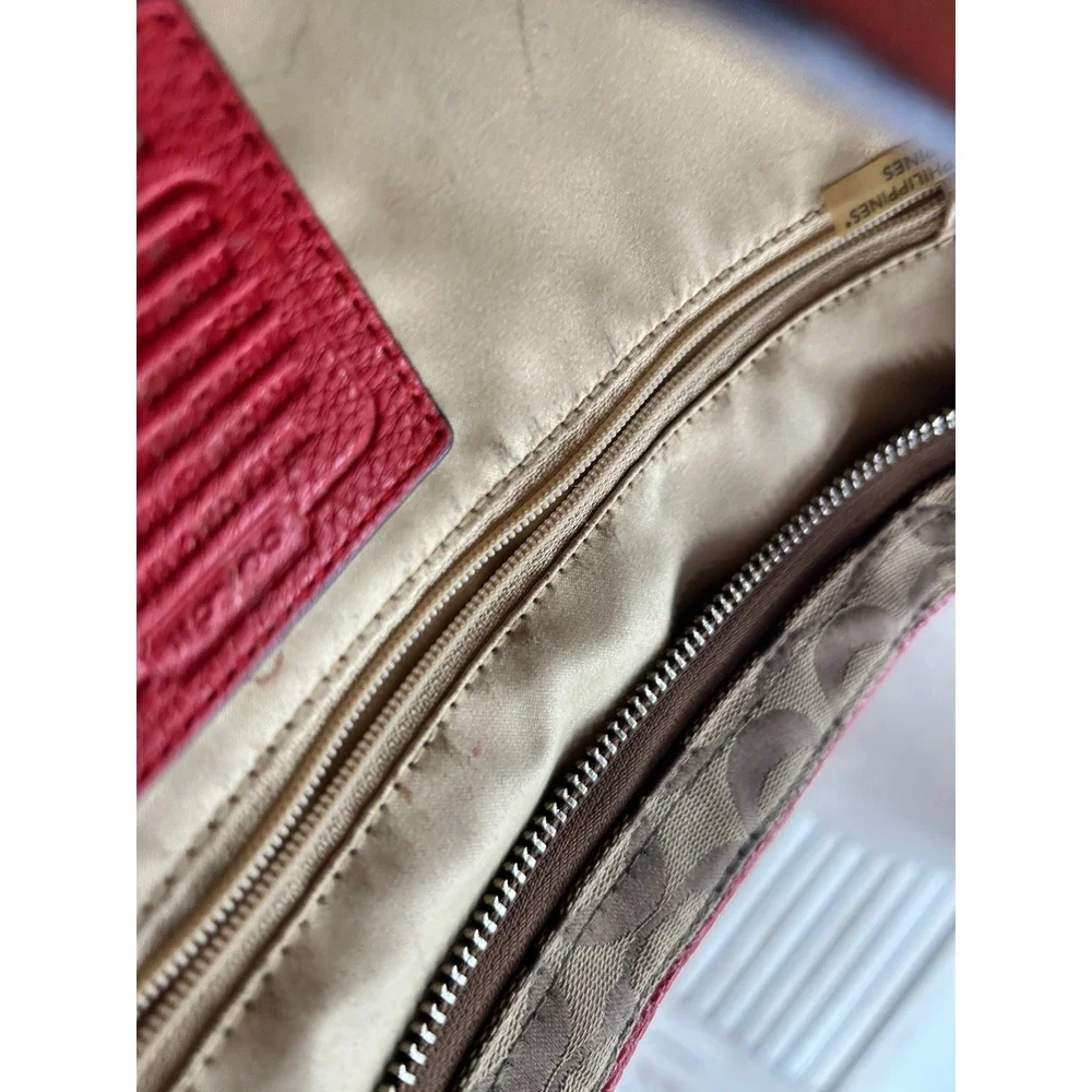 Coach Park Signature Carrie Tote F28728 Khaki Red Leather Monogram Shoulder Bag